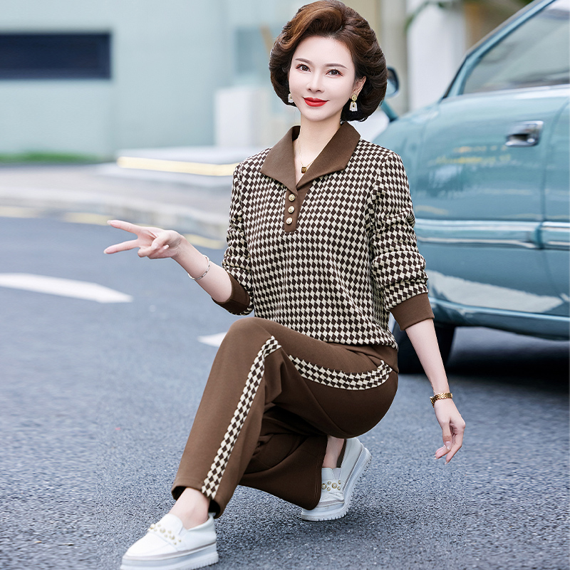 中老年妈妈休闲运动服套装女2025春秋装新款中年人格子卫衣两件套