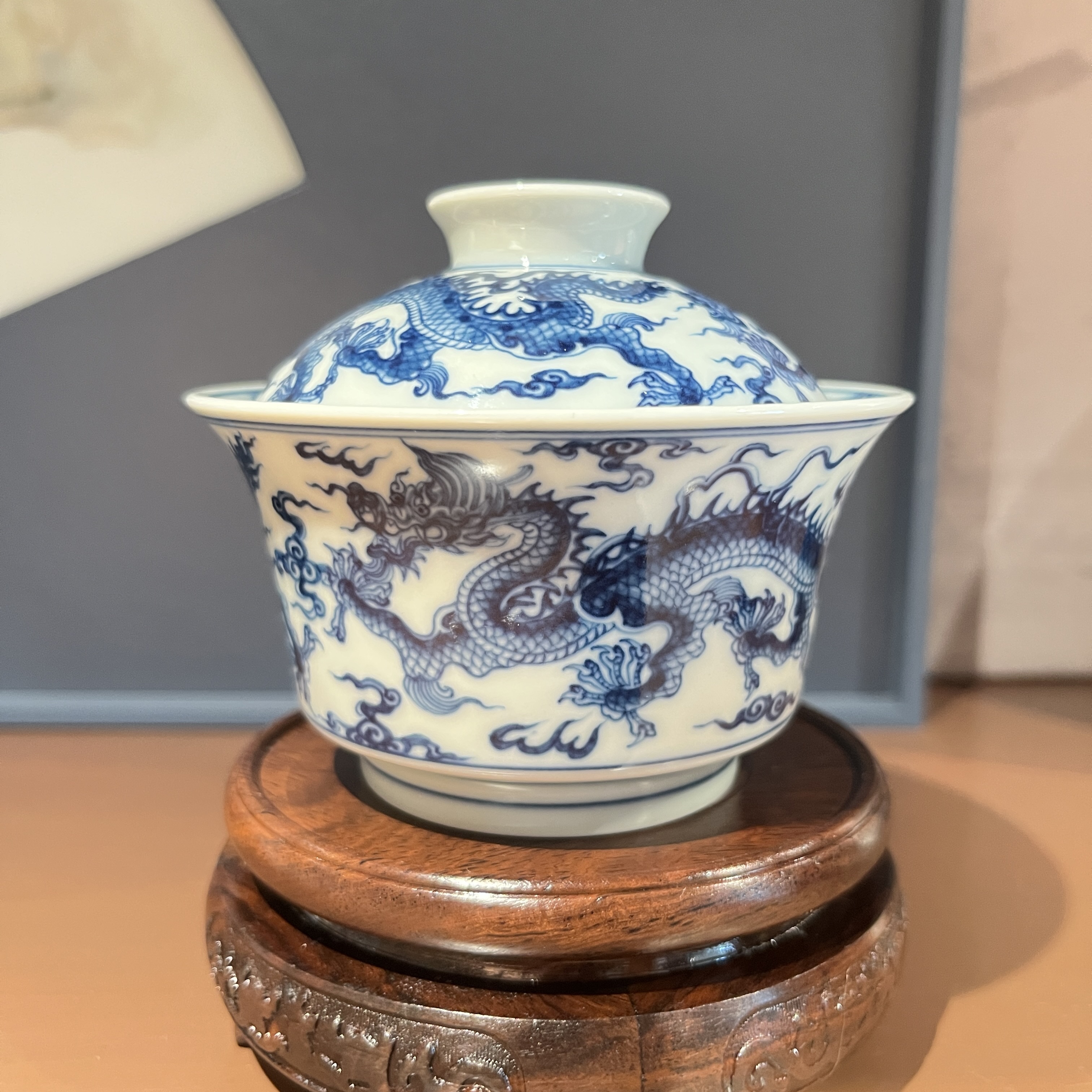 【钟家窑】景德镇手工手绘柴窑五龙马蹄盖碗130ml容量