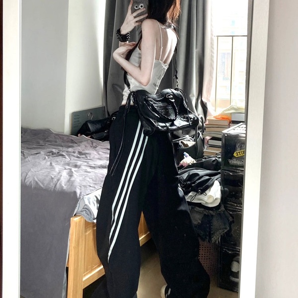 直筒美式条纹伞兵裤男女春秋季高街街舞裤子潮牌休闲裤阔腿冲锋裤