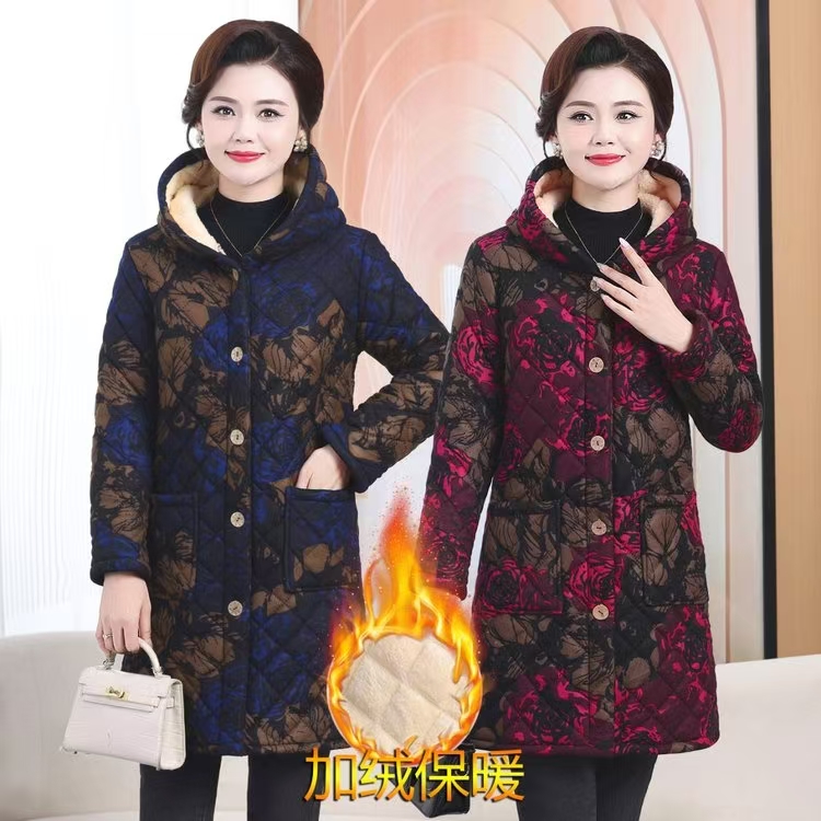 棉衣外套中长款女冬季妈妈装加绒加厚棉袄新款中老年棉服上衣保暖