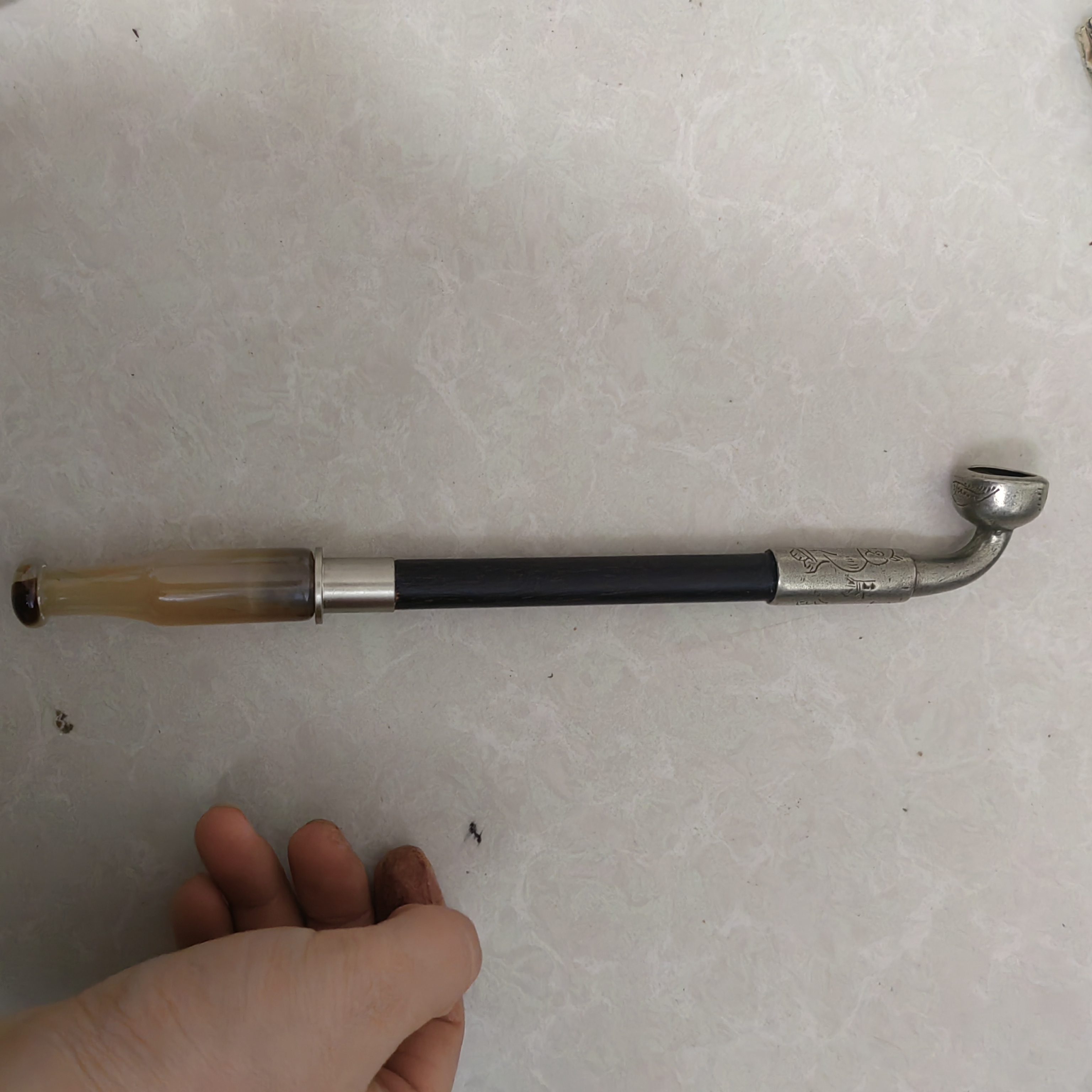 缠丝玛瑙烟嘴掌老式白铜浮雕旱烟袋手工制作