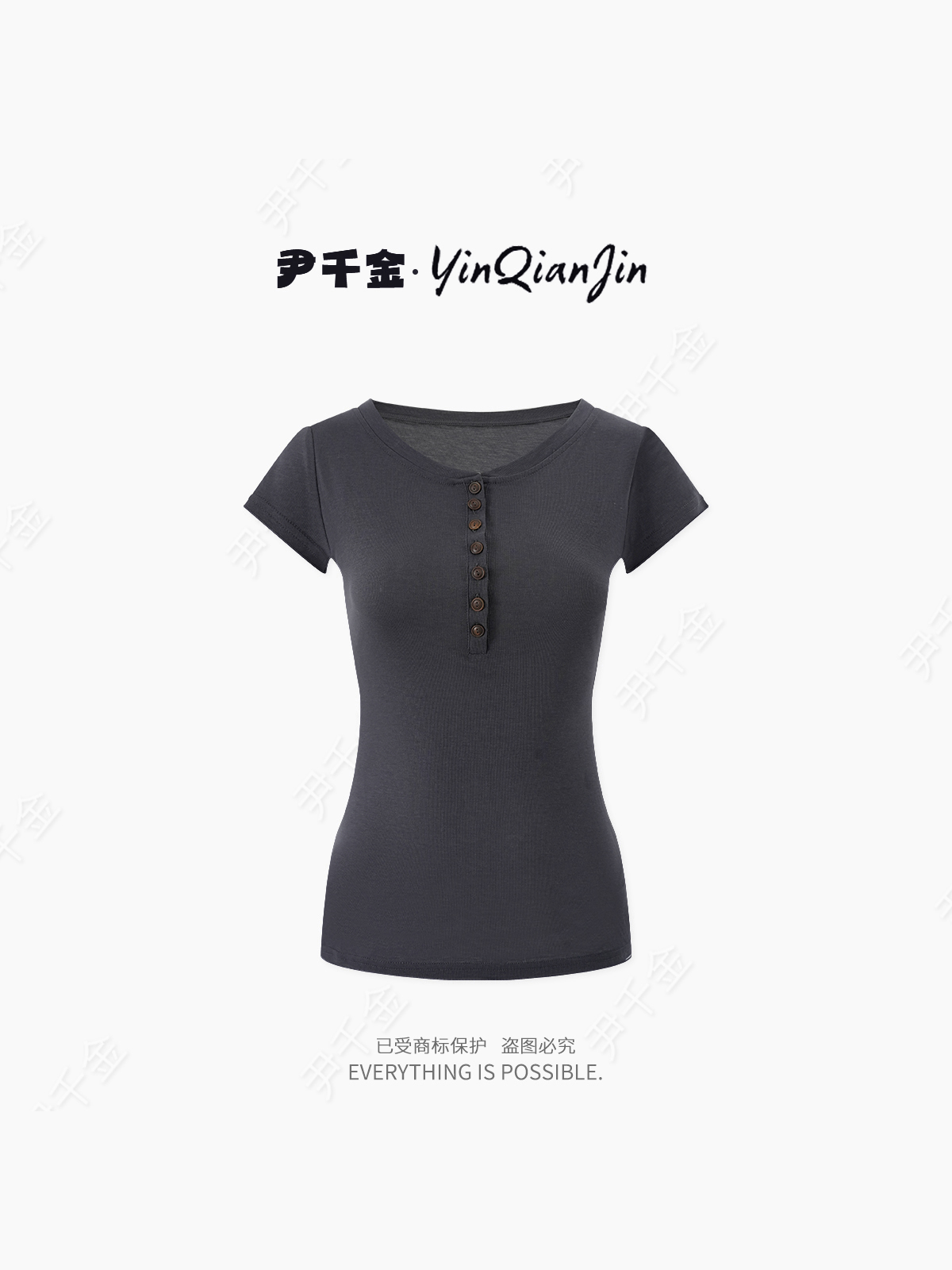 尹千金J【涩谷辣妹】55莱赛尔+20醋酸做旧亨利领藏青色短袖S257178