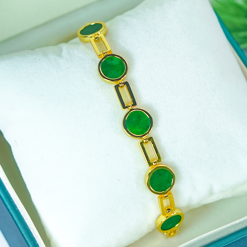 时尚简约银镶嵌天然满绿翡翠A货圆牌五福手链