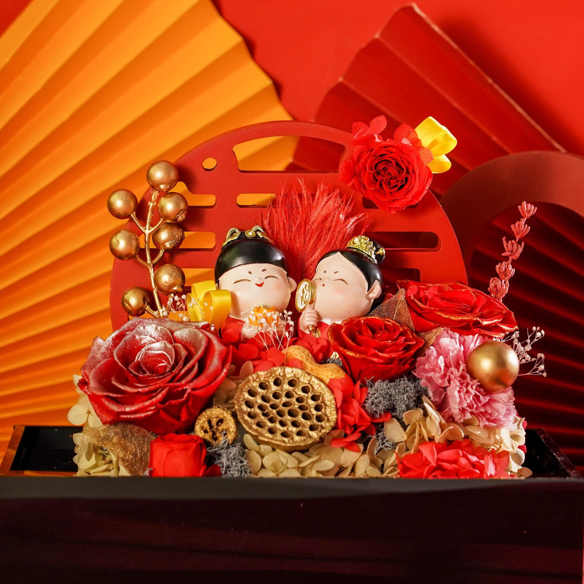 那些花儿【红双喜】鲜花永生花玫瑰亚克力订婚结婚送闺蜜新婚礼物