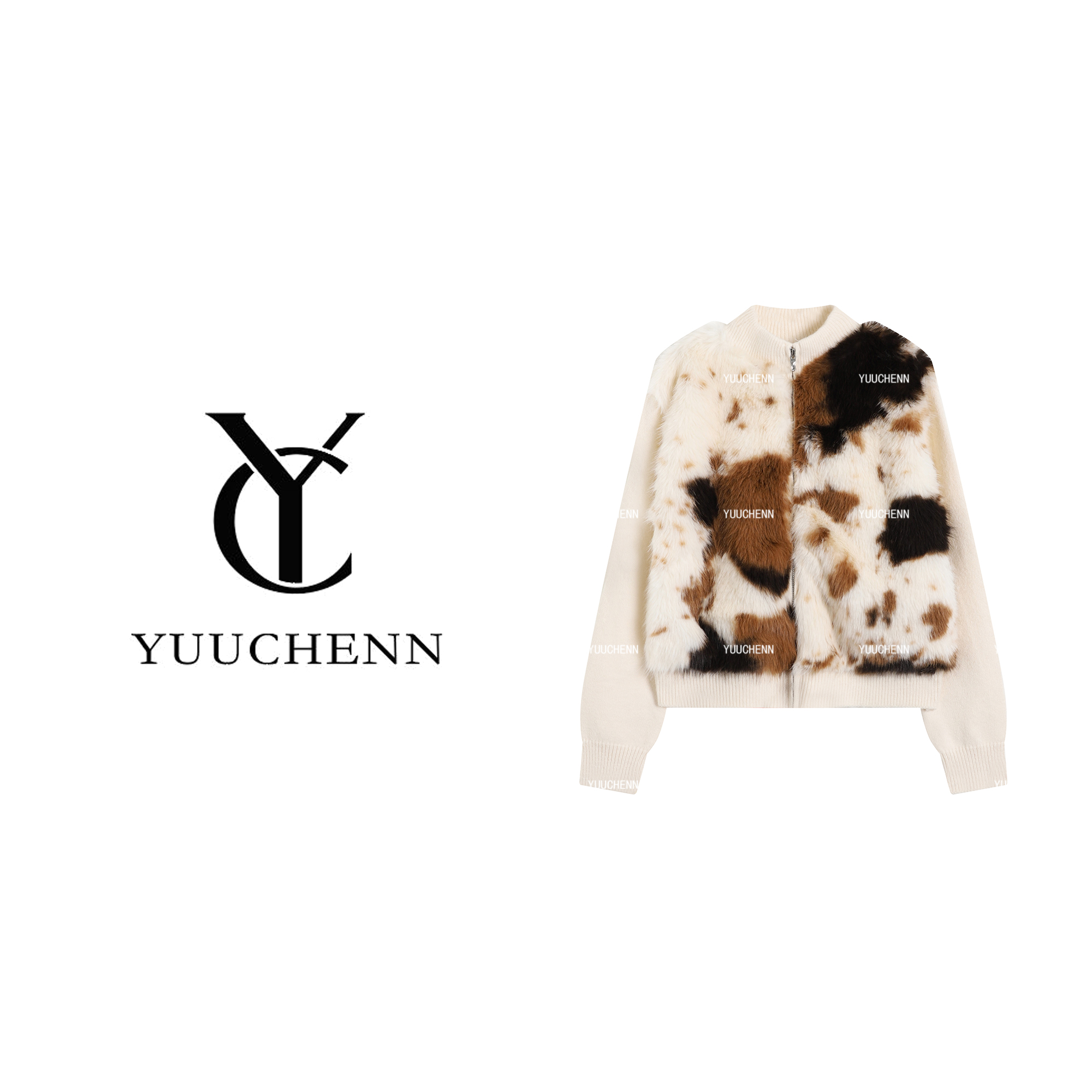 YUUCHENN“格林香榭”高级感环保皮草针织拉链外套25C-W80137