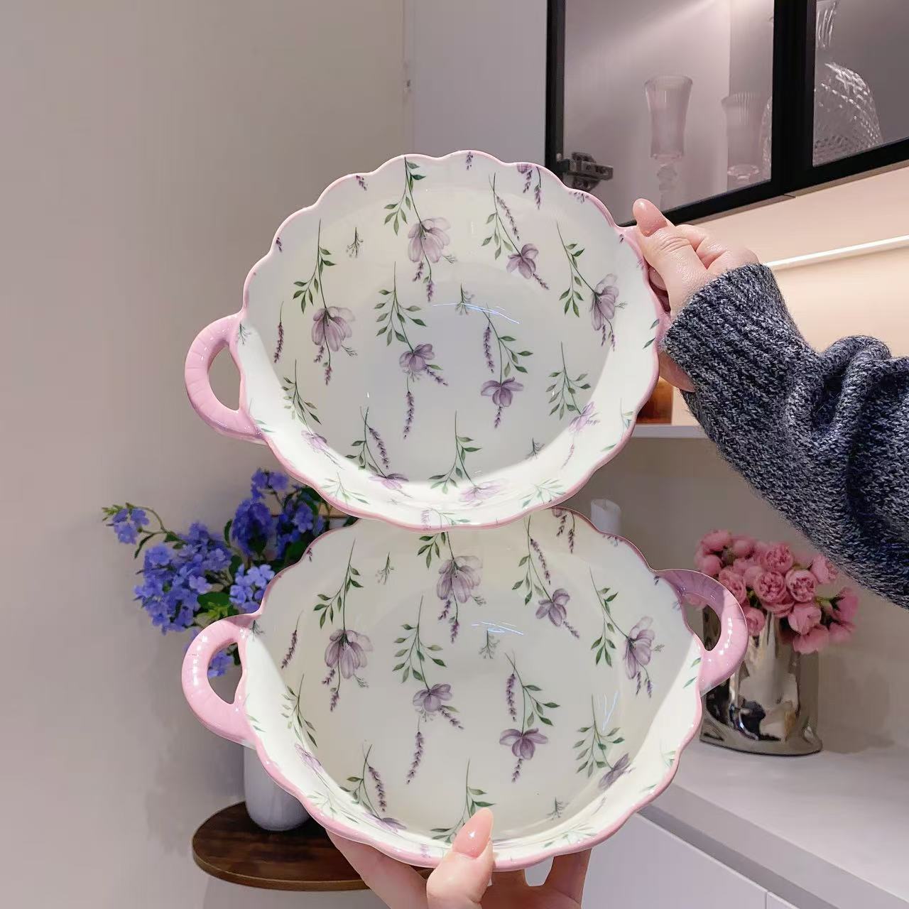 【薰衣草双耳汤碗2个装】家用陶瓷花边双耳汤碗