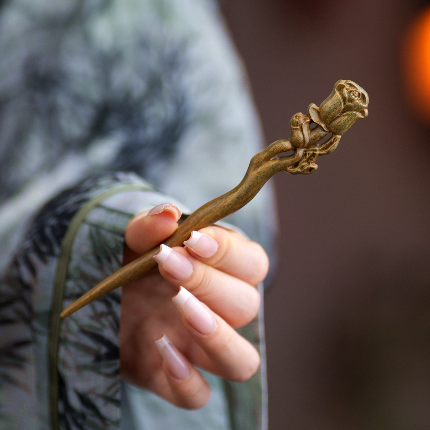小玫瑰花绿檀木簪子新中式檀木小簪子禅意短发簪古风木簪