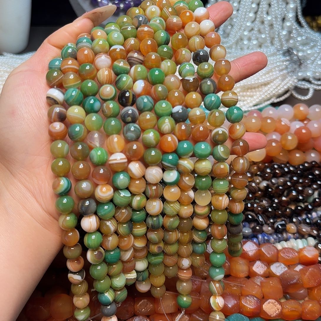 玛瑙/玉髓合金珠宝半成品10mm绿孔雀玛瑙蚕丝一条