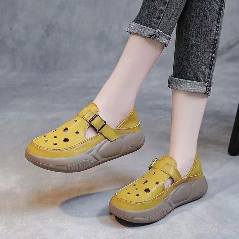 女鞋洞洞鞋圆头松糕跟低帮女包头复古单鞋平跟软底休闲春夏