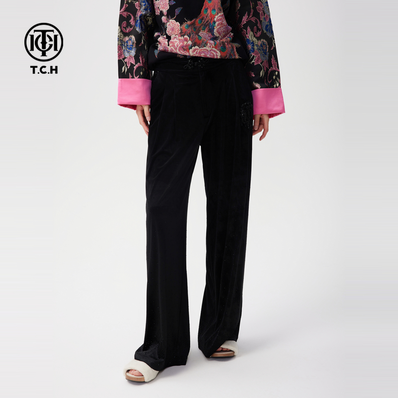 TCH丝绒百搭阔腿裤2025满天星烫钻垂感休闲长裤T72C206068轻奢