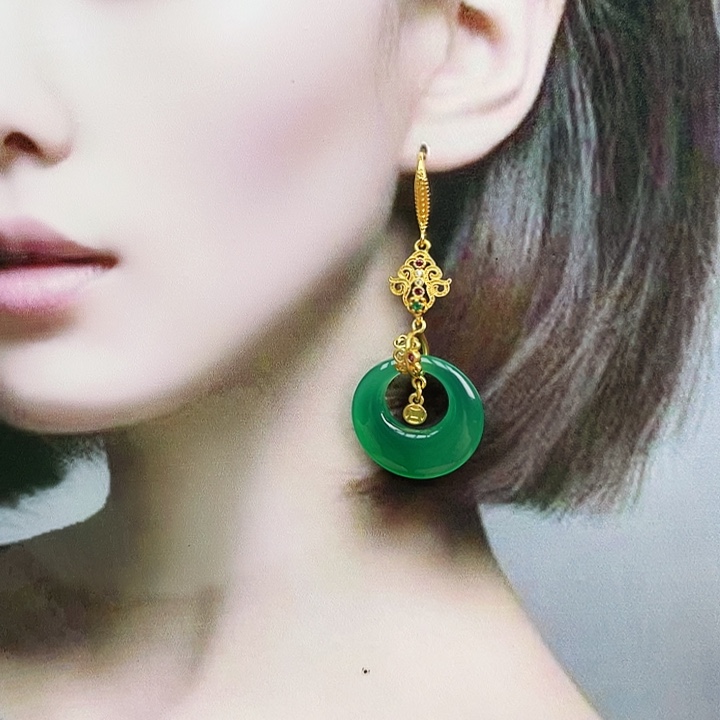 玛瑙/玉髓耳钉合金绿玉髓公主扣国风款