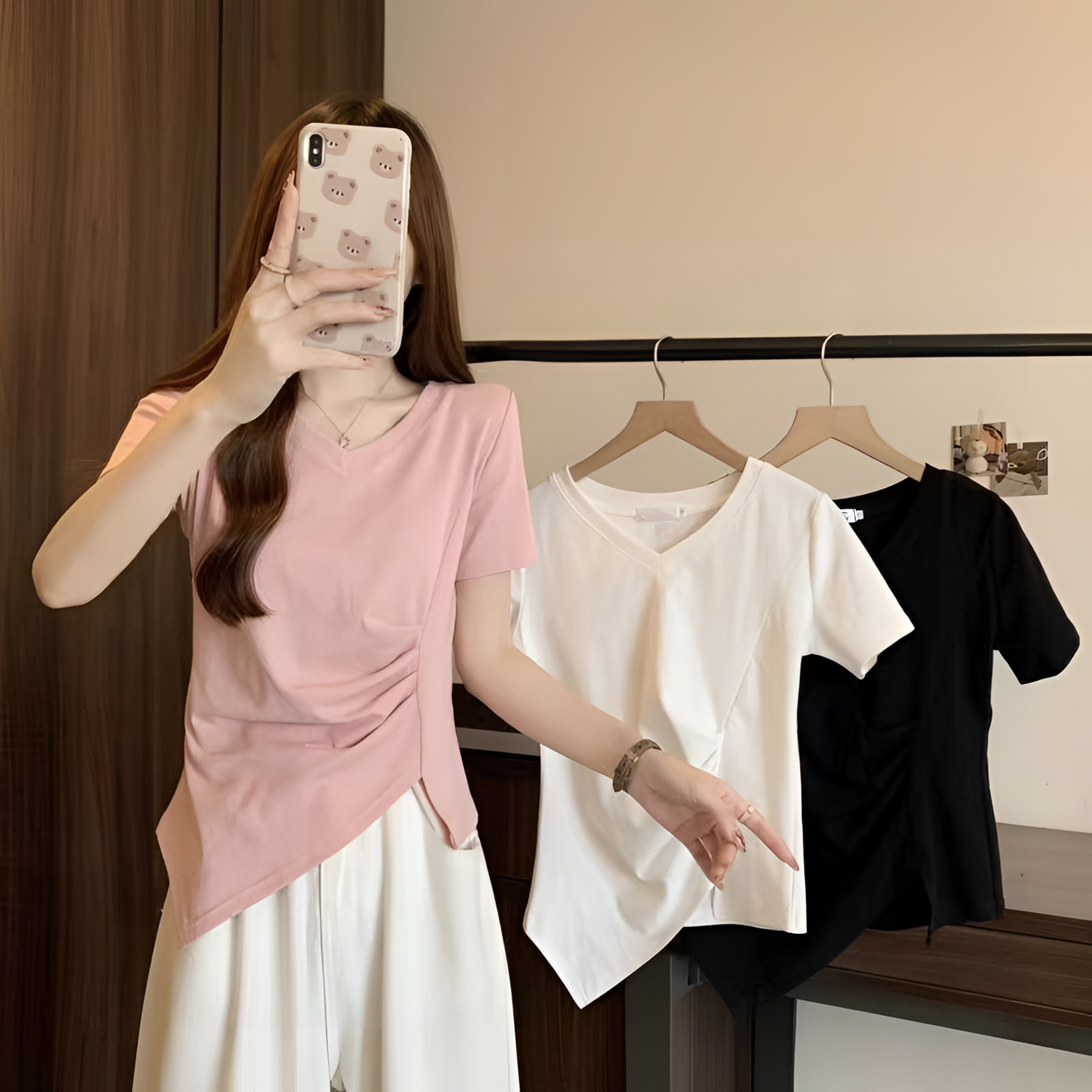 大码女装短袖t恤女2025新款不规则胖mmV领纯色宽松遮肉显瘦上衣