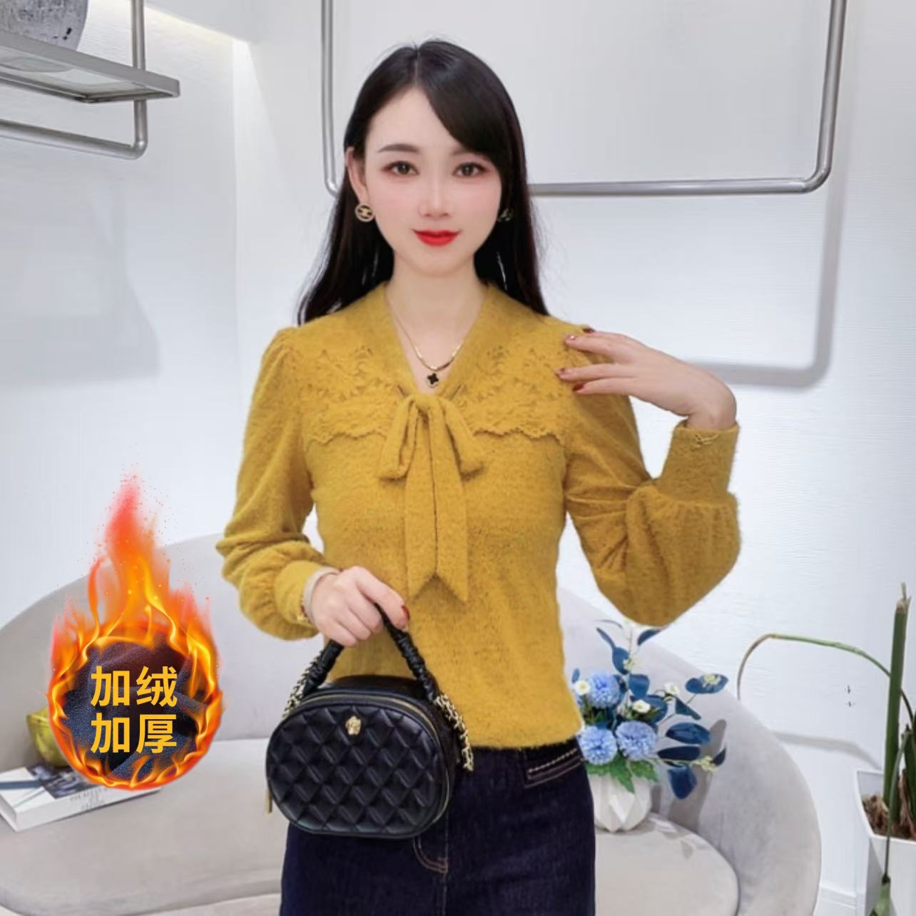 A9013磨毛系带蝴蝶结V领蕾丝打底衫秋冬新款洋气小衫上衣