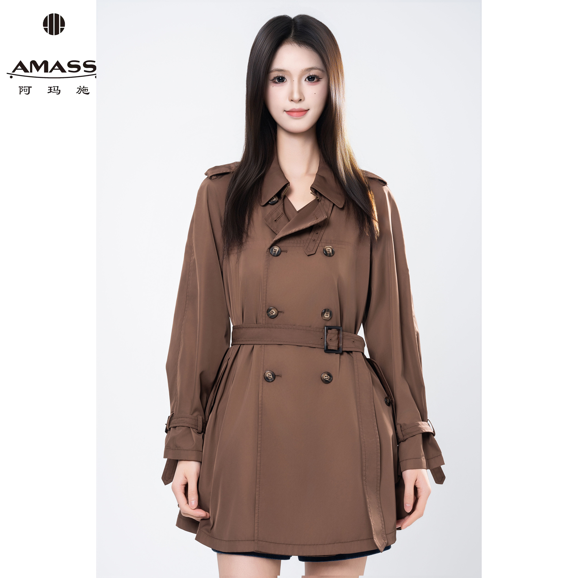 AMASS/阿玛施早春新款复古英伦风气质双排扣中长款风衣女 5400631