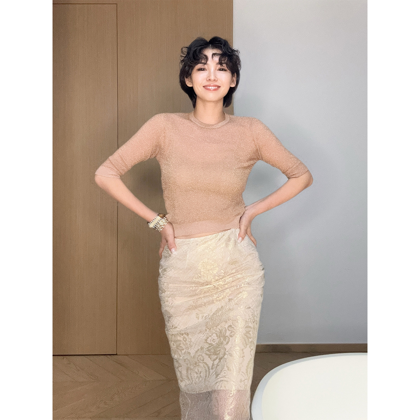 Daily romance25夏欧洲进口闪光纱鎏金时代法式圆领中袖上衣