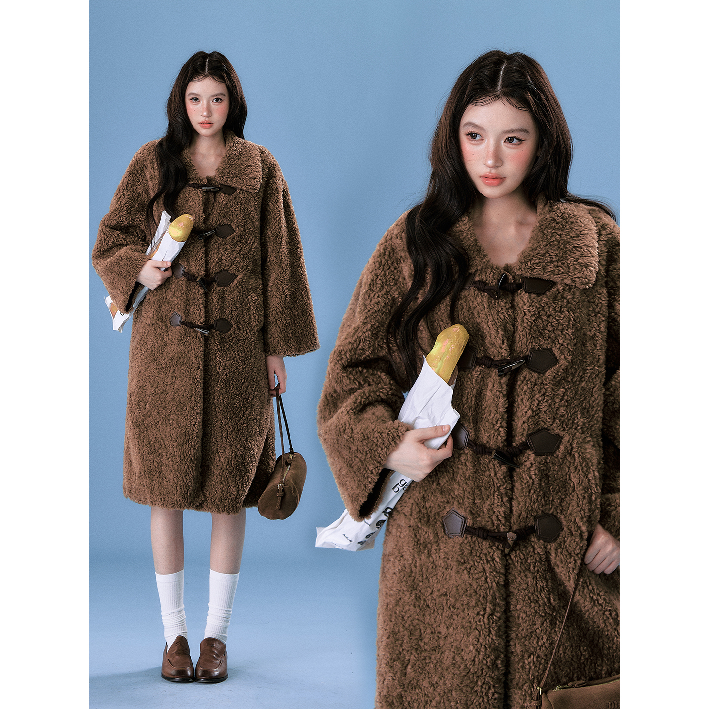 OIOI ESSE｜复古美拉德外套女2025冬季牛角扣保暖长款毛绒大衣