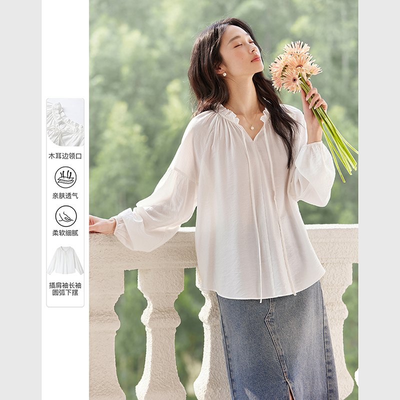 F优雅气质木耳边套头衬衫插肩长袖纯色百搭上衣A0312