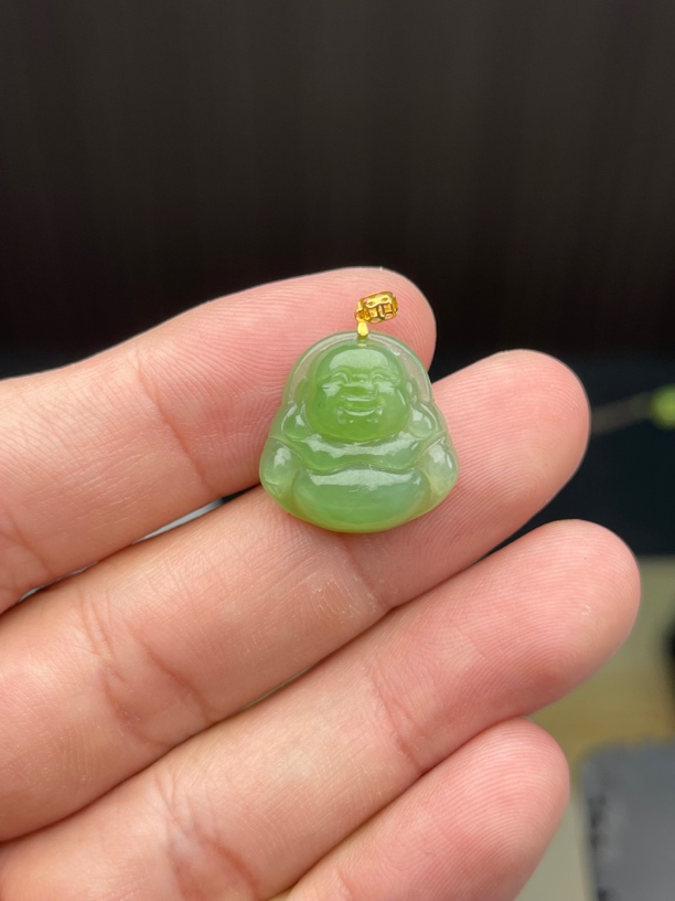 【宝宝佛】18K金镶嵌俄料碧玉苹果绿佛mini精致锁骨链吊坠