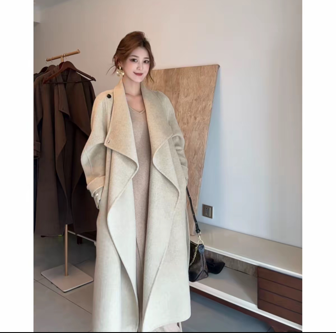 【盐风棱语】25年秋冬新款休闲腰带中长款双面羊毛冬季大衣外套女装