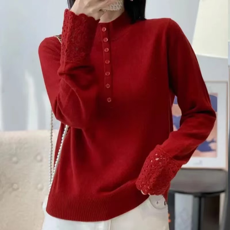 【镂空花边袖-红】秋冬新款宽松百搭显瘦针织毛衣