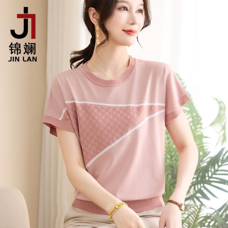 锦斓精品质量25新款妈妈装夏季短袖冰丝衫中老年女夏季短袖薄t恤