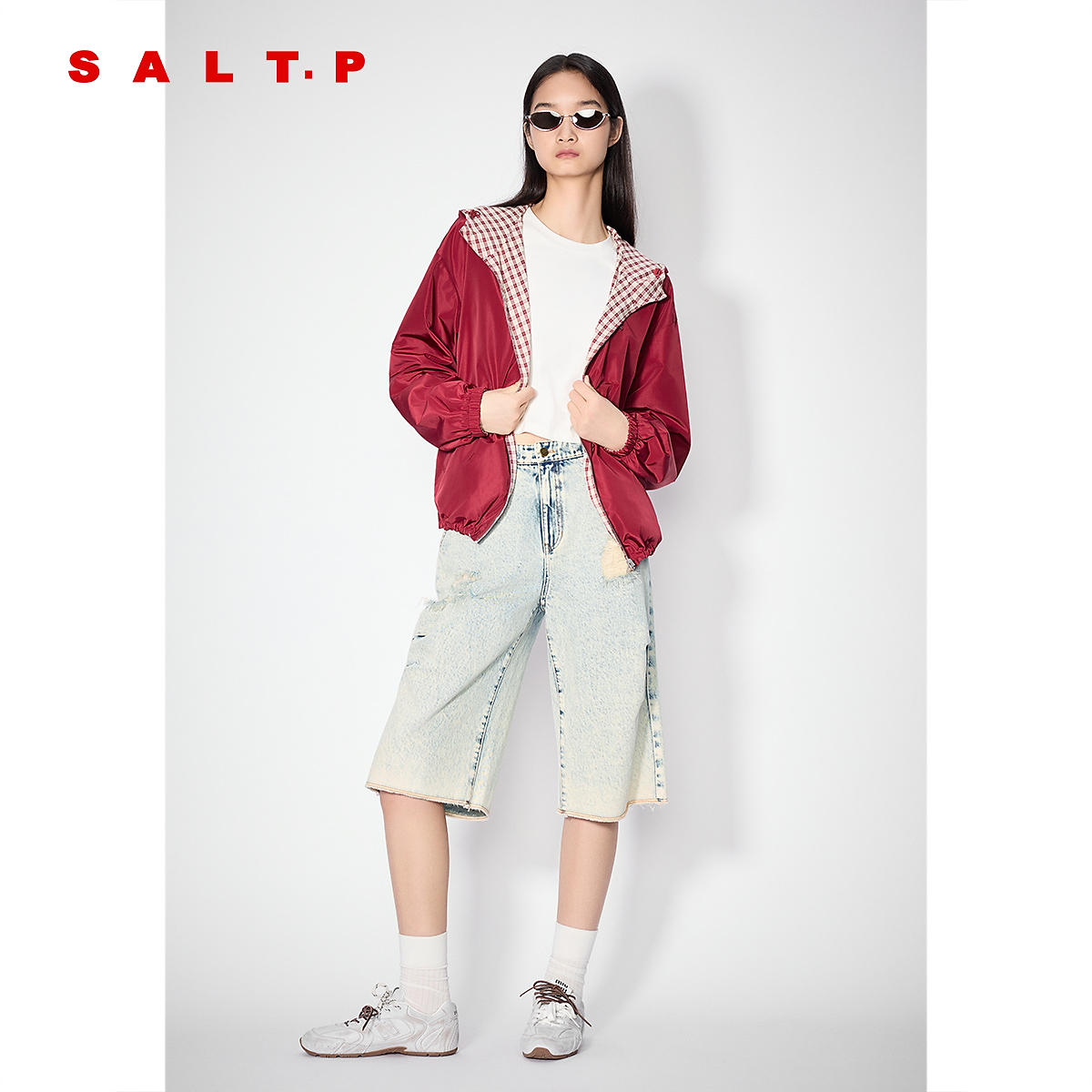 SALT.P可颜复古红白格纹拼接双面穿外套2025秋季新款
