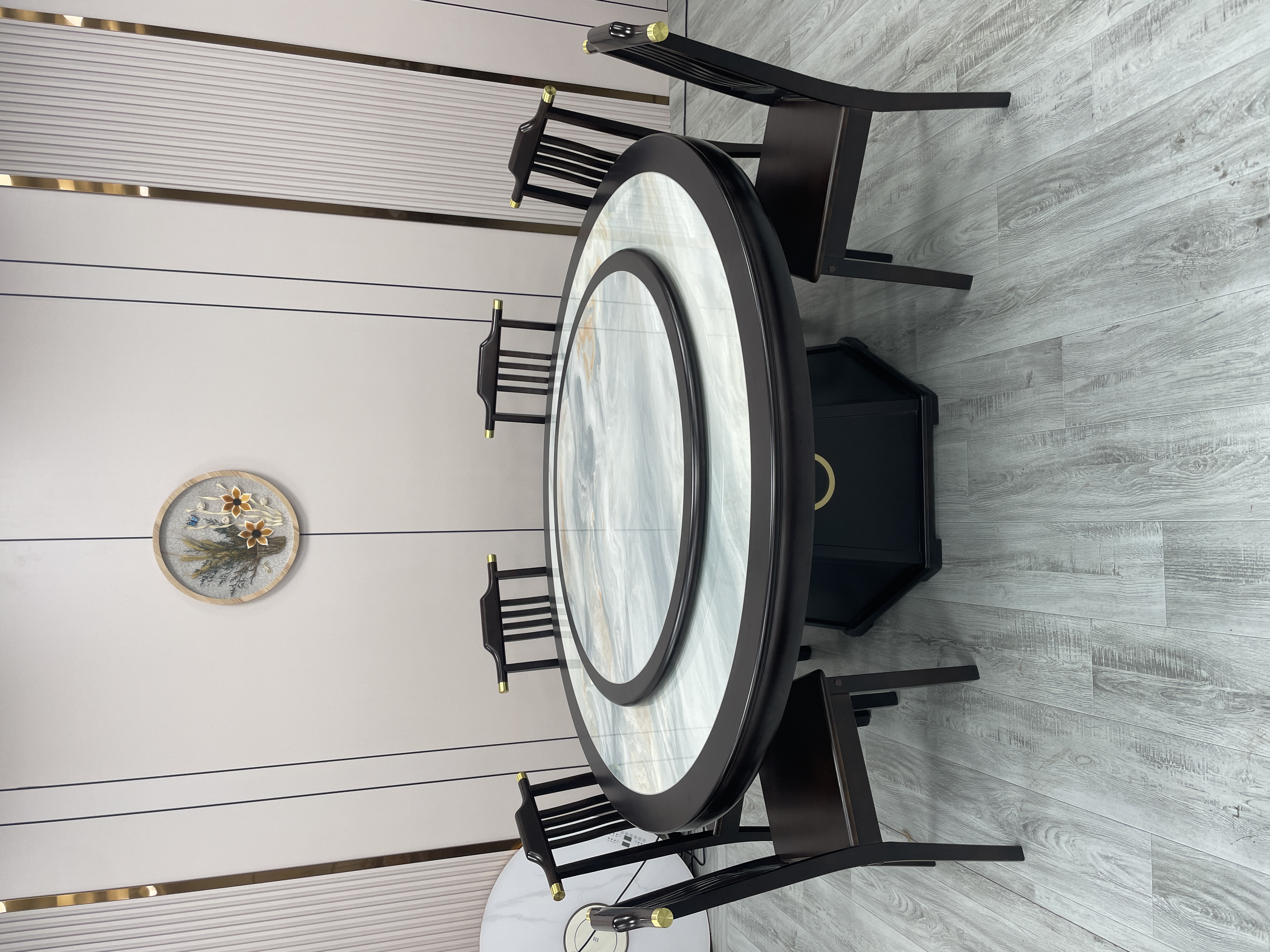 新款梵高印象岩板鼓边餐桌网红新中式全实木岩板榫卯大圆桌家用