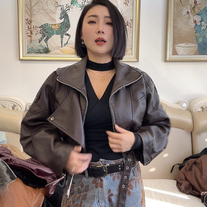 一***梦咖色一号单里皮衣外套