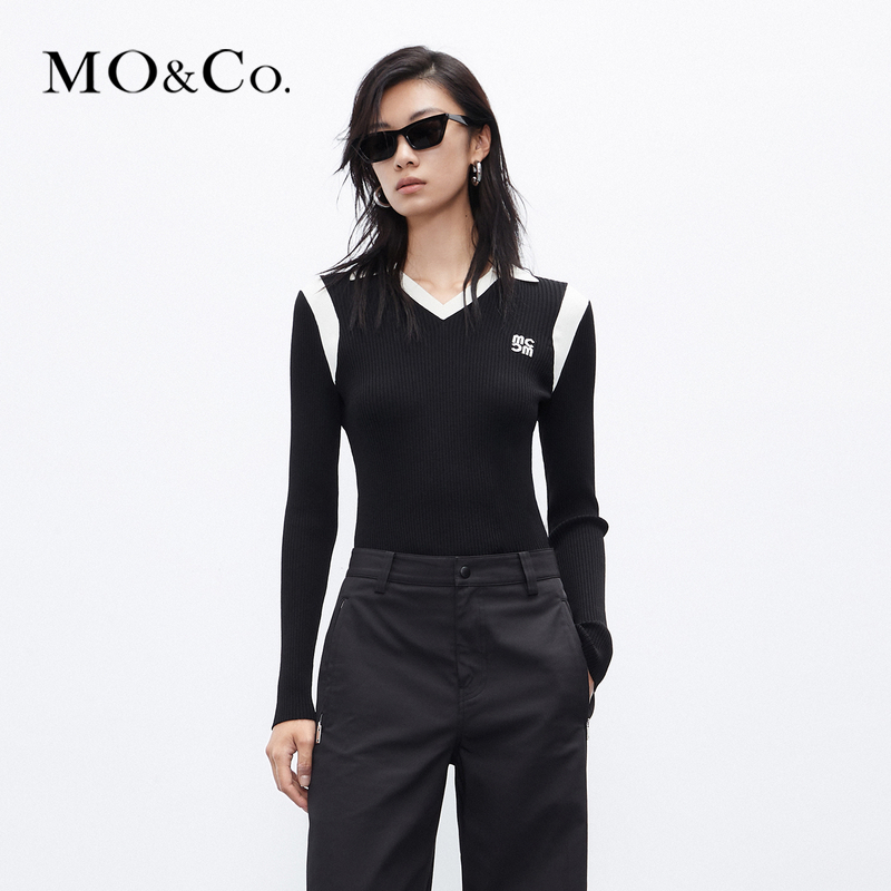 【陈大可专属】MOCO秋复古撞色翻领字母提花修身针织衫MBC3SWTT17