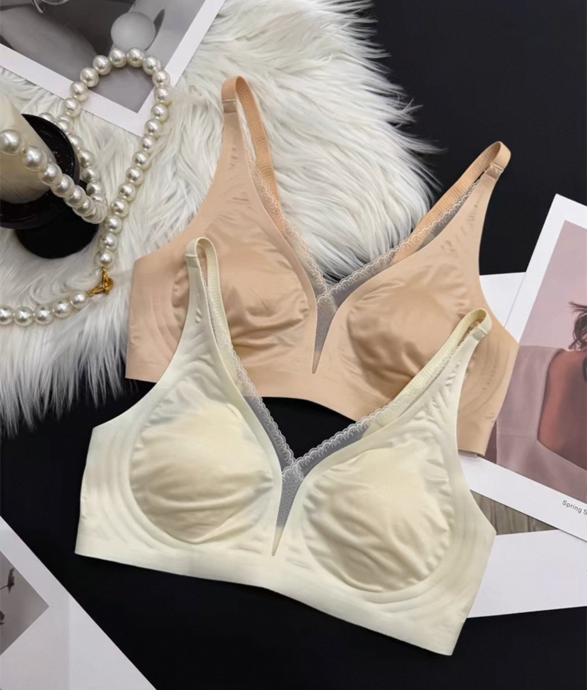 法式蕾丝深V低领锻面无痕新款内衣春夏新款超薄大胸显小文胸罩女