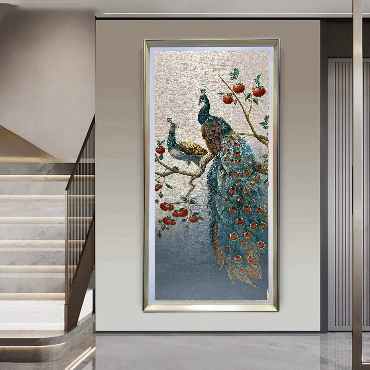 孔雀开屏刺绣新中式简约轻奢玄关装饰画适合走廊过道
