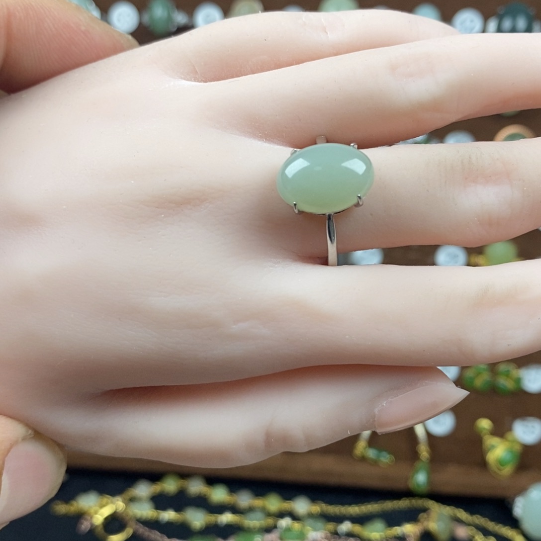 和田玉（青白玉）戒指银S925镀金镶嵌