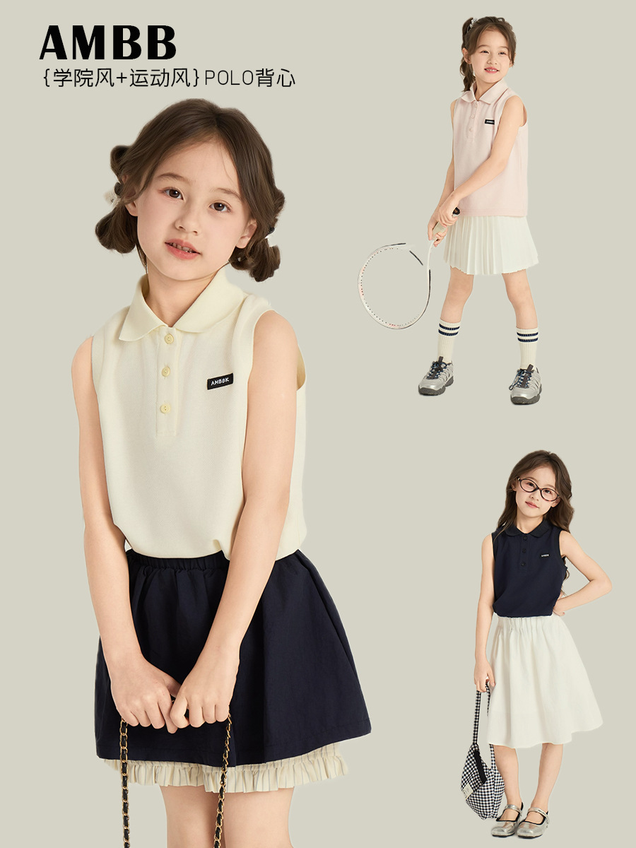 亲子装宝宝【现货】女童夏季无袖T恤儿童polo衫翻领背心25C046-690