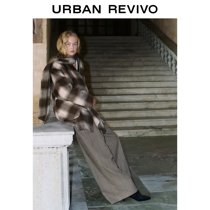 UR2025秋季新款女装琥珀流光风撞色千鸟格纹阔腿裤UWH650084