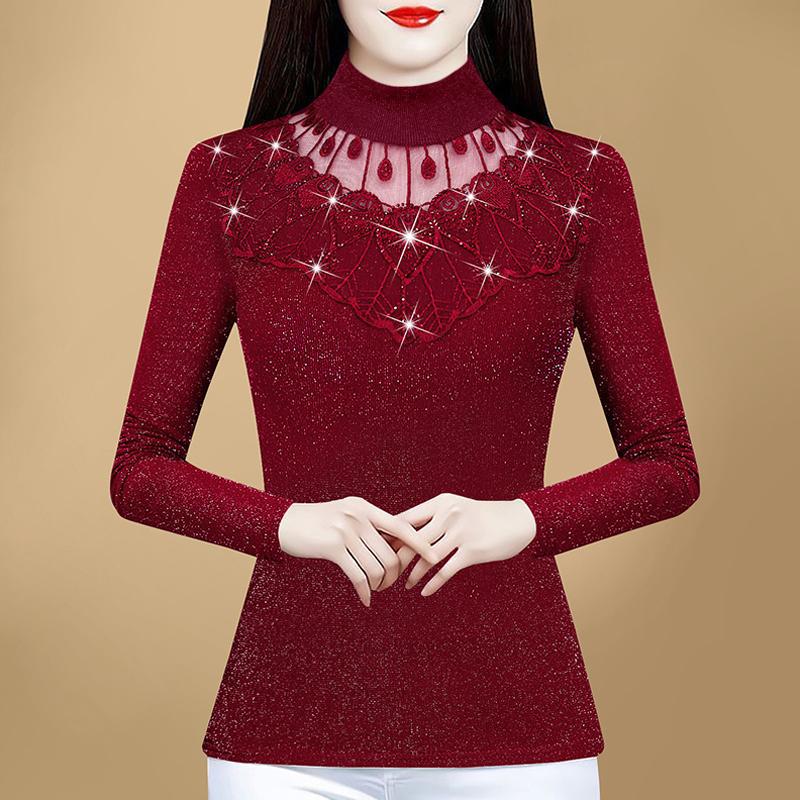 内搭保暖打底衫女新款秋冬时尚妈妈春装洋气长袖小衫蕾丝加绒上衣