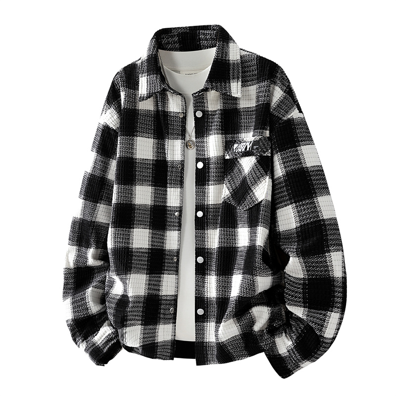 男士秋冬季格子衬衫新款撞色百搭2025新款宽松翻领外套宽松
