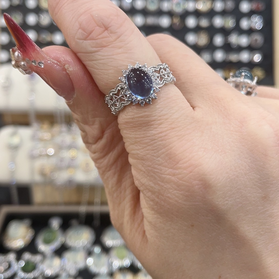 海蓝宝石戒圈银S925镶嵌奶****（