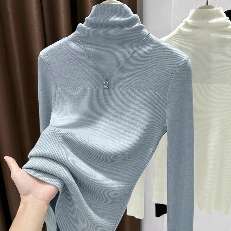 气质高领针织打底衫女修身秋冬季堆堆领蓝色长袖叠穿内搭保暖毛衣