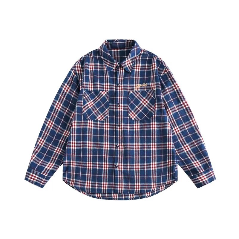 美式复古潮牌蓝色格子长袖衬衫男女春秋新款宽松百搭防晒休闲外套