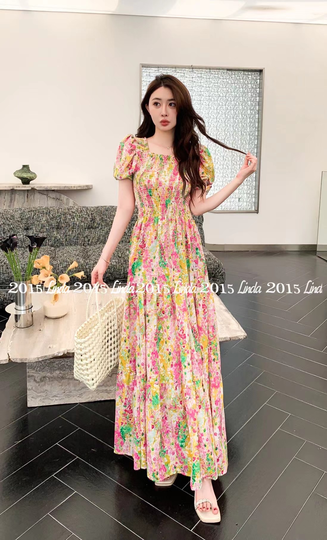 A9017 【彩色冰芬小甜】大长裙大摆裙一字肩拍照度假旅行连衣裙