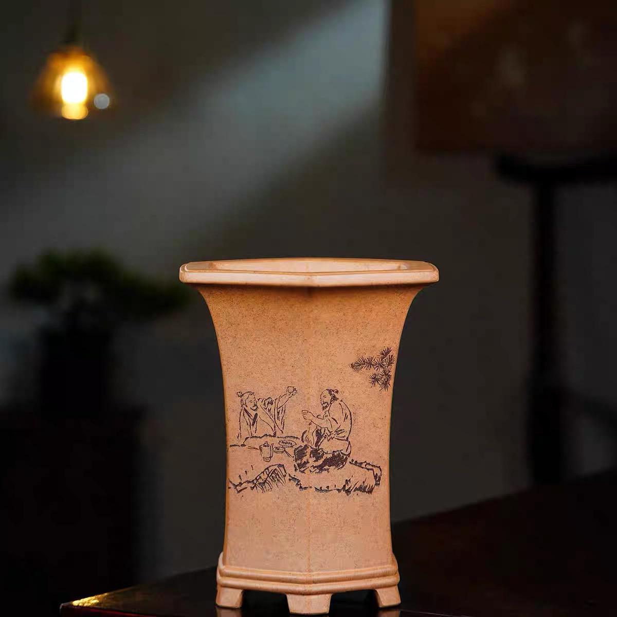 紫砂兰花专用盆六方手工刻绘简约家用大号花盆