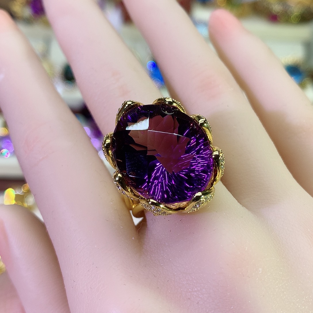 紫晶戒指银S925镀金镶嵌