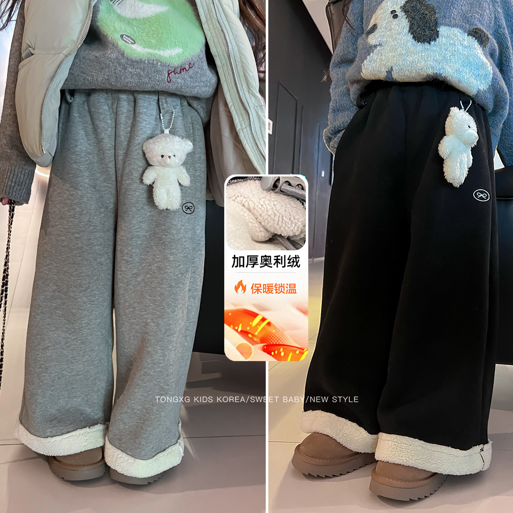 潼小乖定制女童中大童休闲裤子加绒小熊蝴蝶结卫裤直筒裤子5K028