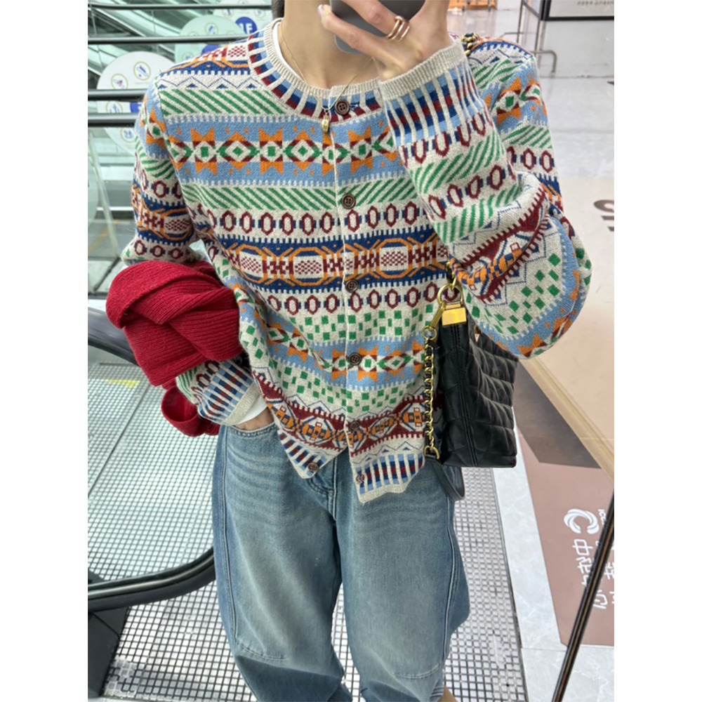 复古费尔岛撞色提花针织毛衣开衫早春新款时尚百搭显瘦单排扣上衣