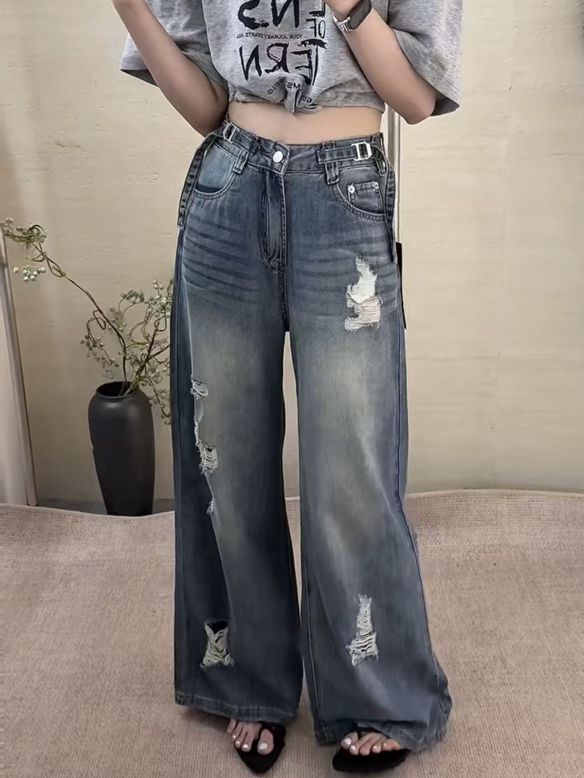 越野兔//深蓝破洞腰头可调直筒窄版阔腿裤