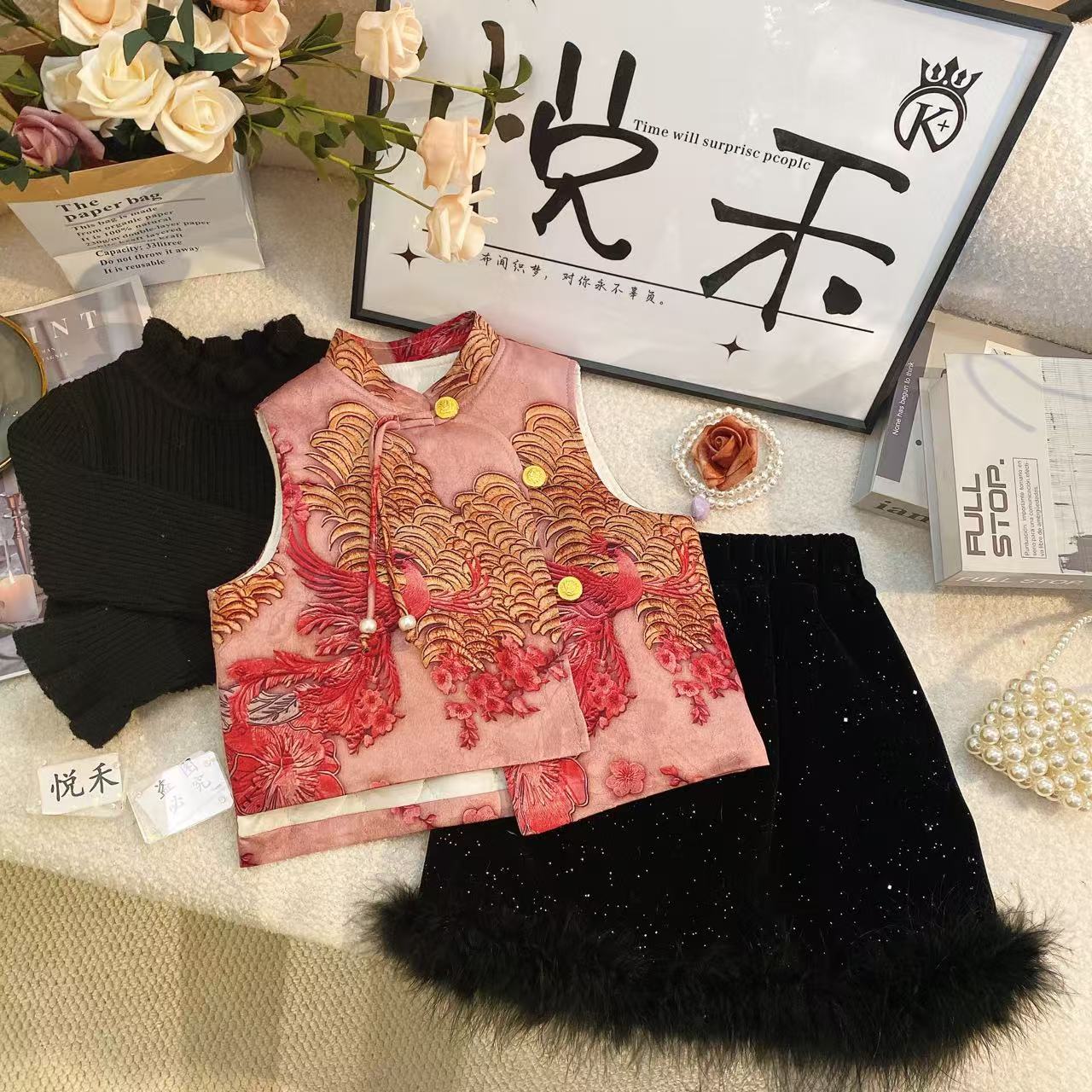 T2【悦禾】萌宝冬装2024新款国风女童加绒半身裙女童打底衫套装6508