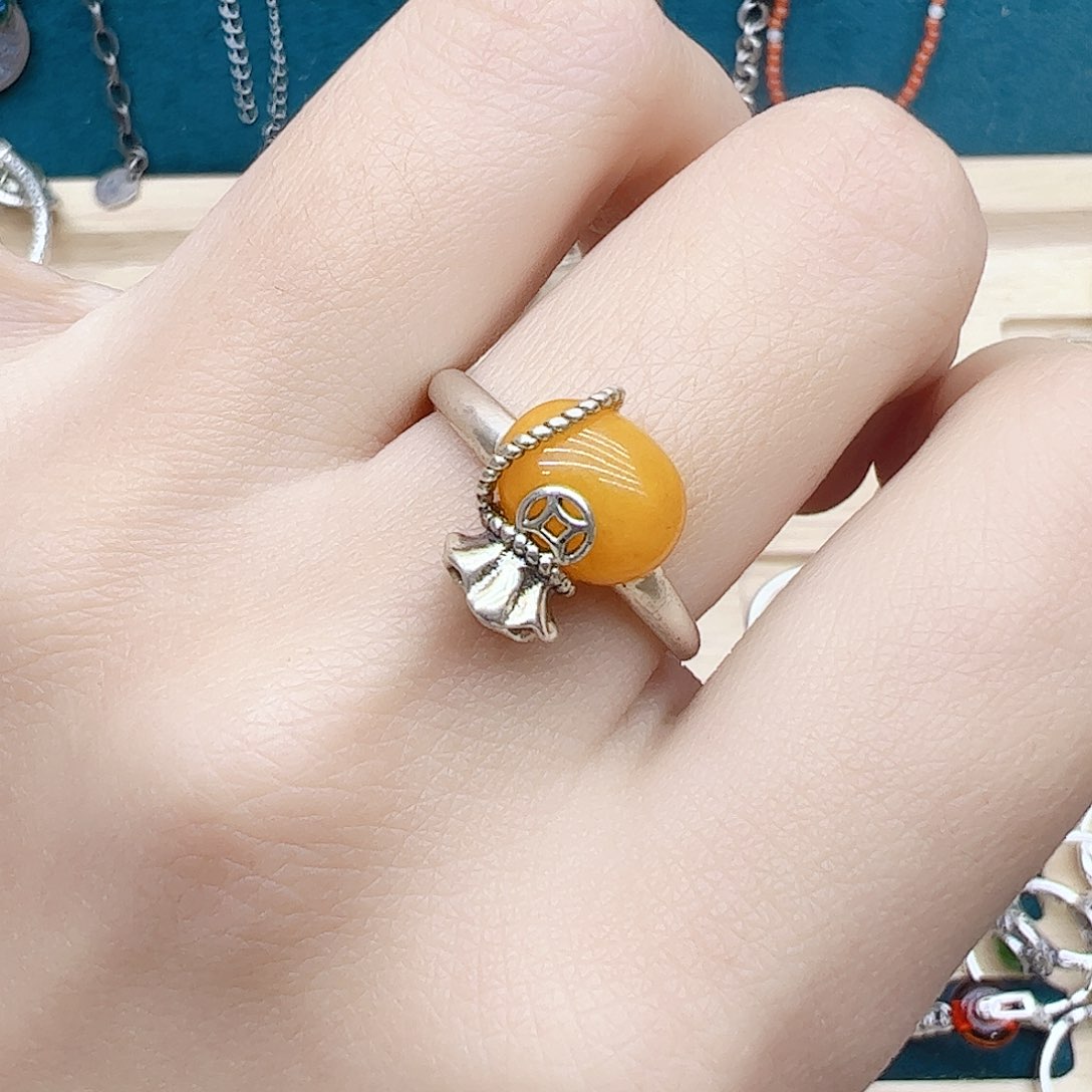 蜜蜡戒指银S925镶嵌天然