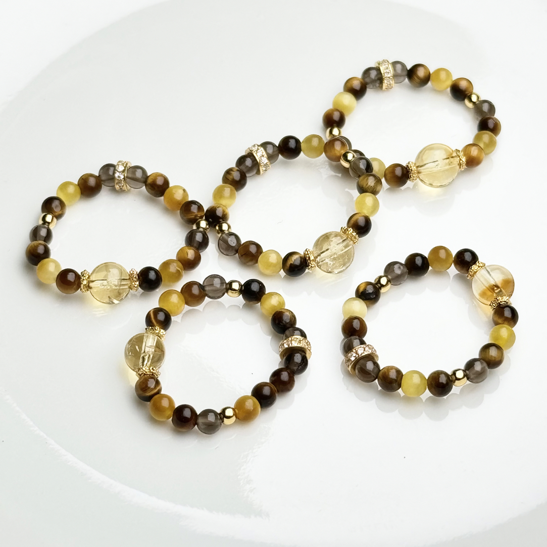 天然黄水晶虎眼石茶晶金霸小戒指