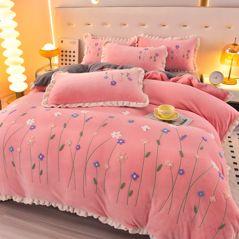 高档花边牛奶绒床上四件套冬季公主风加厚珊瑚绒床品被套床单床笠