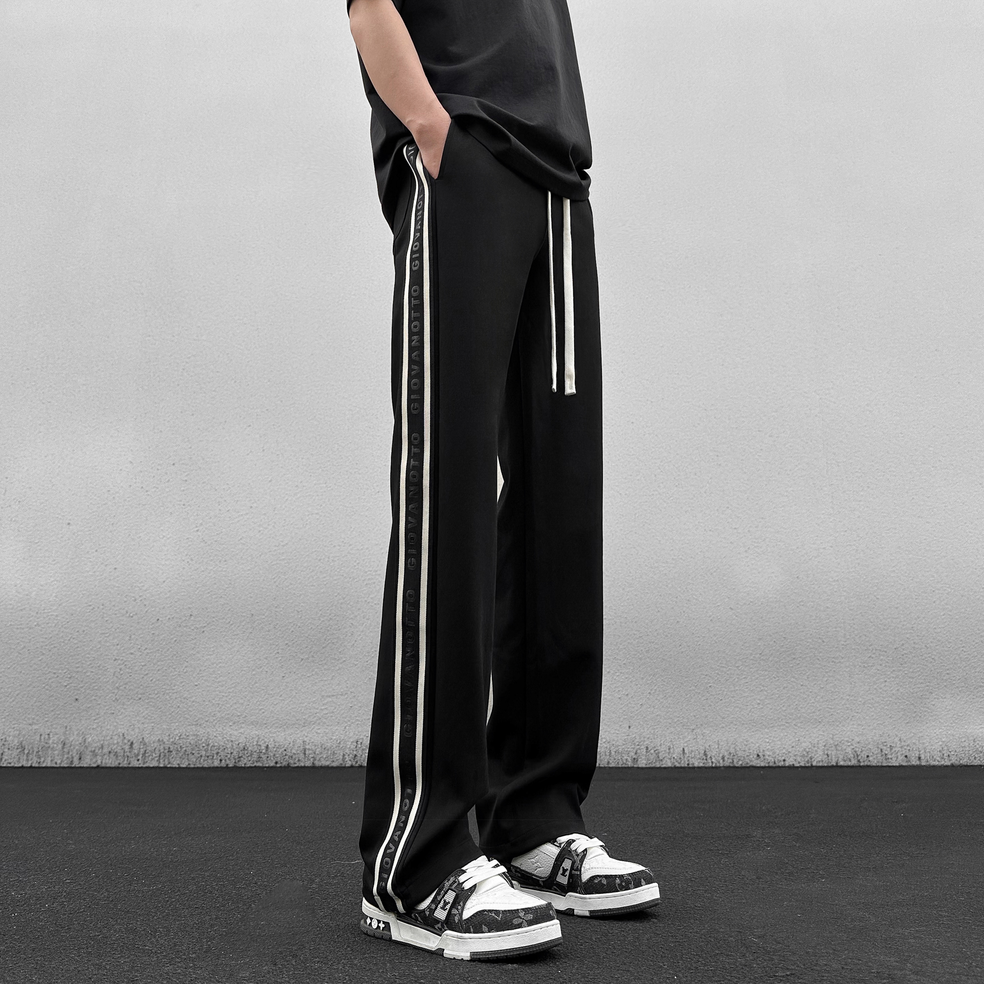 秋冬潮流条纹凉感卫裤子男士款百搭大码男生直筒运动宽松休闲长裤